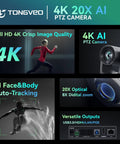 Promotional image for Crystal Clear 4K AI PTZ Camera with Auto Tracking and 20X Optical Zoom, featuring specs and features.