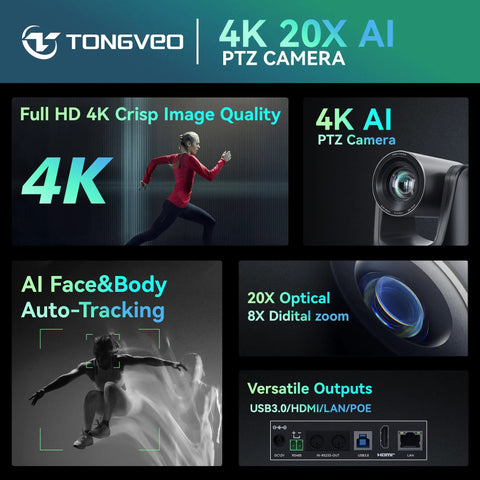 Promotional image for Crystal Clear 4K AI PTZ Camera with Auto Tracking and 20X Optical Zoom, featuring specs and features.