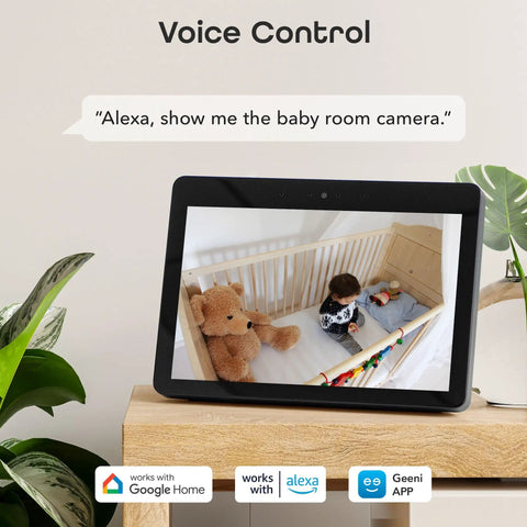 Glimpse Indoor Security Cam displaying baby room on smart screen; compatible with Alexa and Google Home.