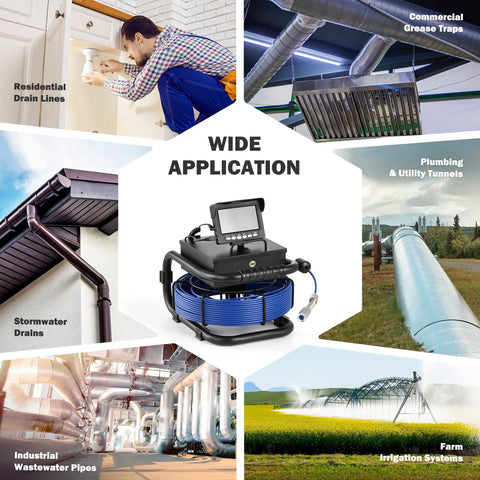 Drain And Sewer Inspection Camera With 100 Ft Cable 4 Point 3 Inch LCD Display IP68 Waterproof Borescope applications shown