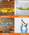 Heavy Duty Kayak Wall Mount Rack Kit Four Pack Green With Straps 100 Lb Capacity installed on various wall types with gear
