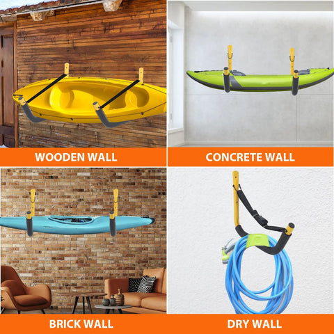 Heavy Duty Kayak Wall Mount Rack Kit Four Pack Green With Straps 100 Lb Capacity installed on various wall types with gear