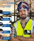 Rock Solid Full Brim Hard Hat With OSHA Certified Safety Helmet Super Lightweight Durable Frame Plus Six Point Ratchet Suspension for comfort, worn by a worker in a reflective vest.