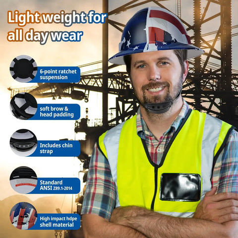 Rock Solid Full Brim Hard Hat With OSHA Certified Safety Helmet Super Lightweight Durable Frame Plus Six Point Ratchet Suspension for comfort, worn by a worker in a reflective vest.