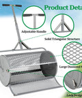 Diagram of 27 Inch Metal Roller Garden Spreader for Lawn and Topsoil with adjustable handle and lock design