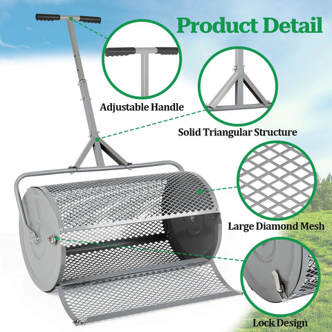 Diagram of 27 Inch Metal Roller Garden Spreader for Lawn and Topsoil with adjustable handle and lock design