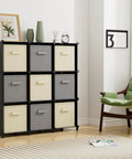 Nine Cube Closet Organizer Set Portable Storage Shelves For Clothes And Toys Durable Metal Frame With ABS Connectors 11 Inch Cubes For Bedroom Kids Room Bathroom Wardrobe Black, with colorful bins in a living room.
