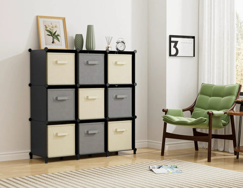 Nine Cube Closet Organizer Set Portable Storage Shelves For Clothes And Toys Durable Metal Frame With ABS Connectors 11 Inch Cubes For Bedroom Kids Room Bathroom Wardrobe Black, with colorful bins in a living room.