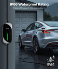Tesla Level 1 2 Portable EV Charger 16 Amp With 25 Ft Cable plugged into car in rain, showcasing IP66 waterproof feature.