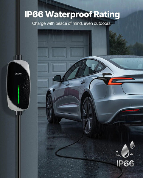 Tesla Level 1 2 Portable EV Charger 16 Amp With 25 Ft Cable plugged into car in rain, showcasing IP66 waterproof feature.