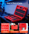 96 Piece 3/8 Inch Drive Impact Socket Set With Wrench And Bits in a red carrying case, open showing sockets and tools inside.