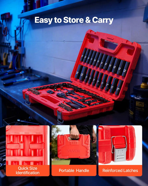 96 Piece 3/8 Inch Drive Impact Socket Set With Wrench And Bits in a red carrying case, open showing sockets and tools inside.