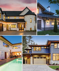 Collage of homes with Two Pack Outdoor Wall Lanterns With Dusk To Dawn Sensor And Photo Sensor, highlighting elegant exterior lighting.