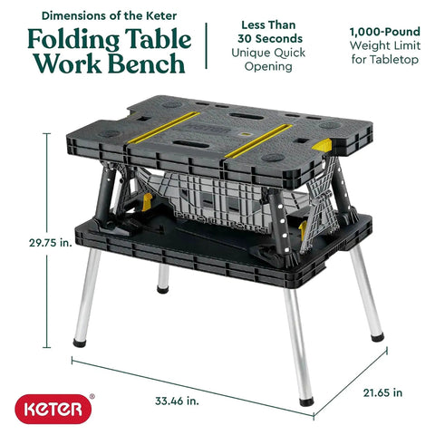 Heavy Duty Folding Workbench With 1,000 Lb Capacity DIY Friendly Portable Shop Table For Garage Woodworking And Outdoor Projects Quick 30 Second Setup 12 Inch Adjustable Clamps Sturdy And Ready When You Are