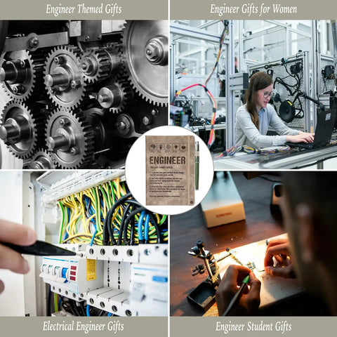 Collage featuring engineering gears, a woman working with tech, electrical wiring, and hands assembling a device, centered Engineering Nerd Gift Journal For Students And Pros, A5 Lined Notebook With Pen, 200 Pages, Mechanical Engineer Gift Idea For Graduation, Birthday, Christmas, Perfect For Projects And Late Night Brainstorms.