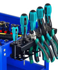 Magnetic Screwdriver Holder Rack And Heavy Duty Tool Organizer for garage with assorted tools on a blue workbench.