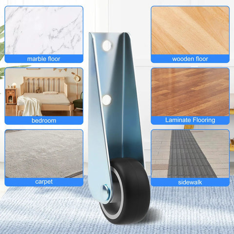 2 Pack Gate Caster Wheels Replacement with rubber non-slip wheel shown with flooring compatibility illustrations.