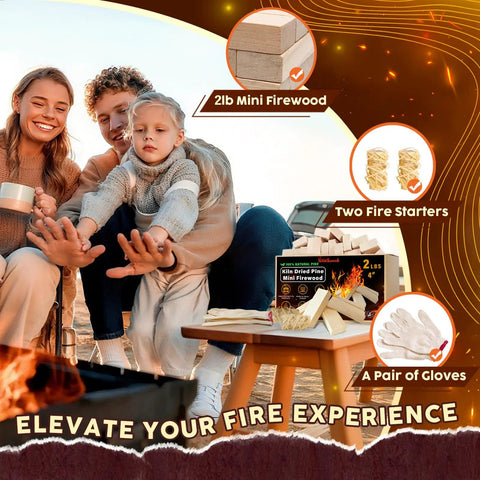 Family near fire with Mini Firewood 4 Inch Logs Kiln Dried Pine For No Fuss Portable Fire Pits And Solo Stove Accessories, 2 lb box, included fire starters and gloves