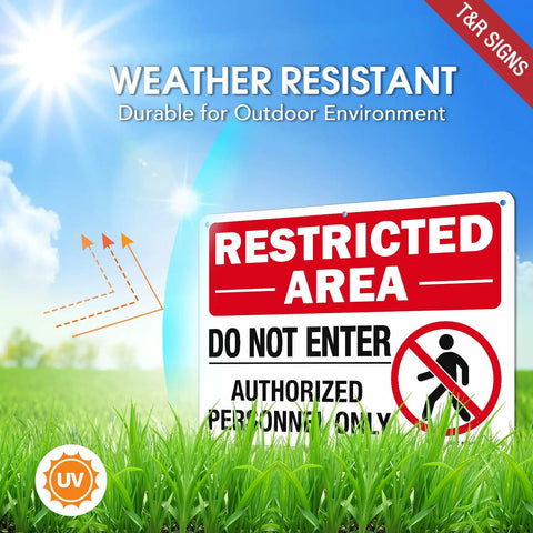 Built Like A Tank Restricted Area Sign Do Not Enter Authorized Personnel Only 14 X 10 Inch in grass under a blue sky.