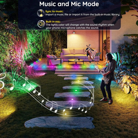 Dope 20 Pack LED Deck Lights Kit 1.77 Inch RGBW IC Multicolor Dynamic Low Voltage Recessed Landscape Lights illuminating garden path with music mode.