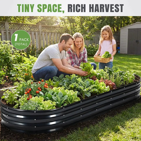 Family gardening with vegetables in Galvanized Oval Raised Garden Bed 8x3x1 Ft For Vegetables, Flowers And Herbs, Rust Resistant