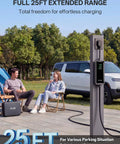 Badass Level Two EV Charger With Forty Amp J1772 Connector Slick WiFi App Control Runs Smooth For Fast Electric Vehicle Home Charging Plus Extra Long Twenty Five Foot Charging Cable in a park setting.