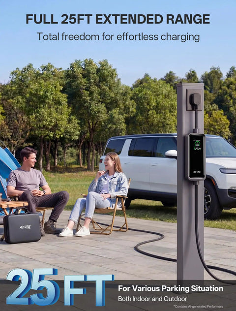 Badass Level Two EV Charger With Forty Amp J1772 Connector Slick WiFi App Control Runs Smooth For Fast Electric Vehicle Home Charging Plus Extra Long Twenty Five Foot Charging Cable in a park setting.