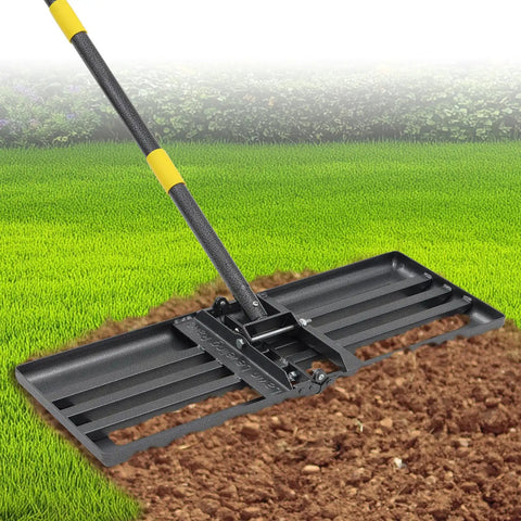Heavy Duty Lawn Leveling Rake With 27 Inch Wide Head And 72 Inch Adjustable Handle Foldable Yard Leveler on grass and soil