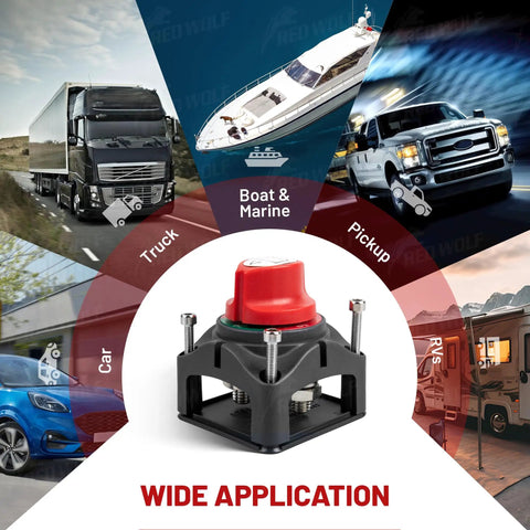 Heavy Duty On Off Battery Disconnect Switch For 12V To 48V 275A Continuous 455A Peak Automotive RV Marine Ignition Protected displayed with vehicles