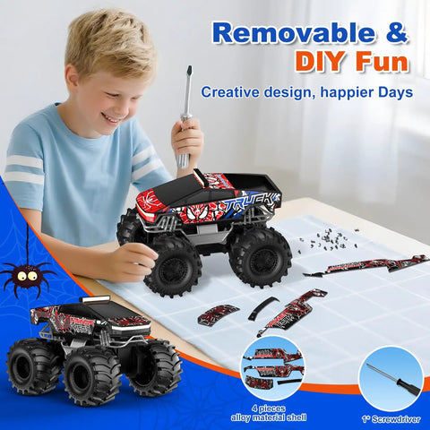 Boy assembling Amphibious 1to18 Scale RC Monster Truck With 4WD And Waterproof Build All Terrain Off Road Pickup Remote