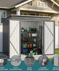Lockable Metal Outdoor Storage Shed in Galvanized Steel, Rust-Resistant and Waterproof, features open doors showing lawn gear.
