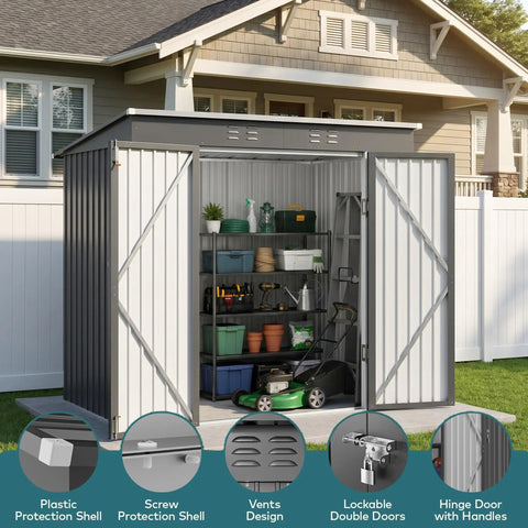 Lockable Metal Outdoor Storage Shed in Galvanized Steel, Rust-Resistant and Waterproof, features open doors showing lawn gear.