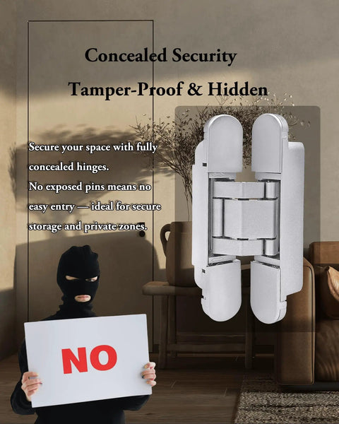 180 Degree Concealed Hidden Door Hinges Heavy Duty Zinc Alloy Invisible Pivot Hardware in a secure interior setting.