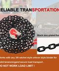 Heavy Duty G80 Grade Transport Binder Chain 3/8 Inch By 20 Feet With Clevis Grab Hooks coils with red hooks for secure transport.