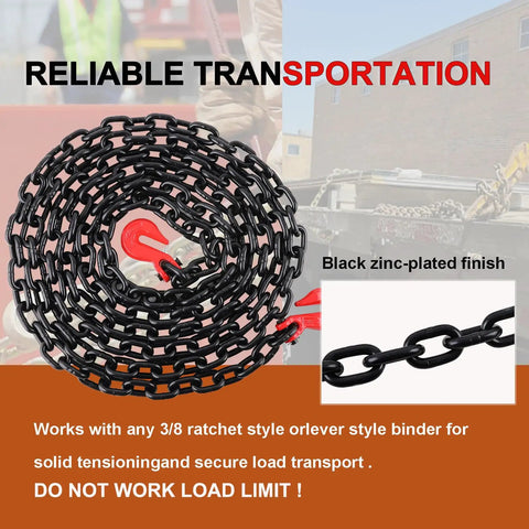 Heavy Duty G80 Grade Transport Binder Chain 3/8 Inch By 20 Feet With Clevis Grab Hooks coils with red hooks for secure transport.