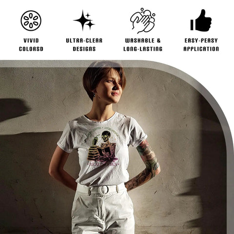 Woman wearing t-shirt with Funny Coffee Iron On Transfers Set With 24 Sheets Ready To Press DTF Patches For T Shirts Clothes DIY Crafts Bags Pillows Hoodies Appliques Great For Women design