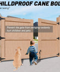 Child and dog by a wooden gate with 12 Inch Heavy Duty Cane Bolt Gate Drop Rod Set installed, illustrating childproof feature.
