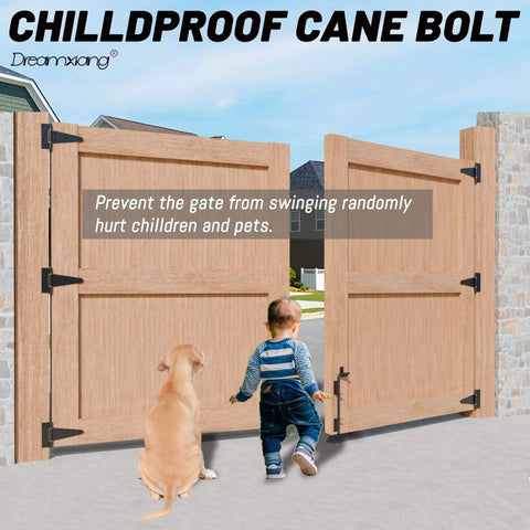 Child and dog by a wooden gate with 12 Inch Heavy Duty Cane Bolt Gate Drop Rod Set installed, illustrating childproof feature.
