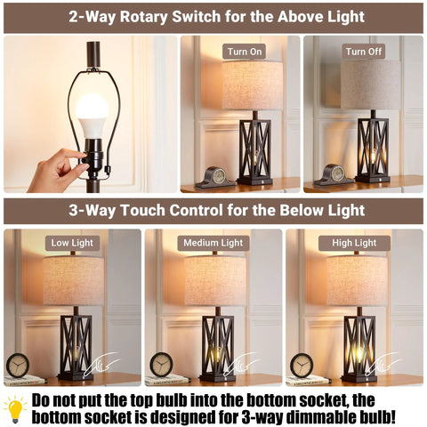 Set Of 2 Modern Bedside Lamps With Rustic Touch Control 3 Way Dimmable Lower Light And Dual USB Ports, light controls detail.