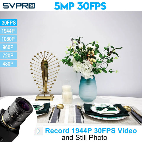 5MP USB Camera With 2.8 To 12mm Zoom Lens for high-res video, shown with dining setup and decorative items for detail capture demonstration