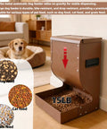 Heavy Duty Outdoor Dog Automatic Feeder 15 Pound Large Capacity with brown metal shell dispensing dry kibble in a pet-friendly space.