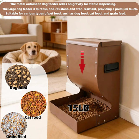 Heavy Duty Outdoor Dog Automatic Feeder 15 Pound Large Capacity with brown metal shell dispensing dry kibble in a pet-friendly space.