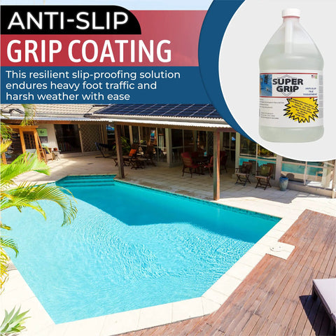 Grippy Anti Slip Floor Treatment for tiles and concrete by poolside, long lasting non slip solution, clear, safe for indoor and outdoor use
