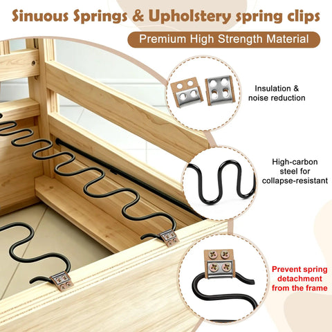 Hard As Nails Heavy Duty Couch Spring Repair Kit To Fix Droopy Sofa Seats Fast With Premium Sinuous Springs and clips in wooden frame.