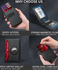 Smart Wallet For Men With AirTag Slot And RFID Blocking Minimalist Pop Up Aluminum Bifold Card Holder For 12 Or More Cards With ID Window Carbon Fiber Look A Dope Gift For Him shown in multiple angles with card access features.