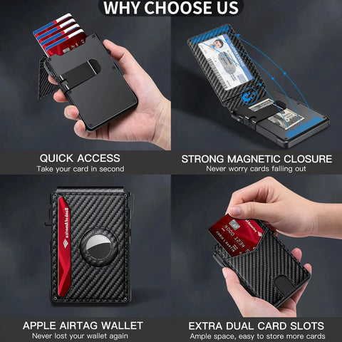 Smart Wallet For Men With AirTag Slot And RFID Blocking Minimalist Pop Up Aluminum Bifold Card Holder For 12 Or More Cards With ID Window Carbon Fiber Look A Dope Gift For Him shown in multiple angles with card access features.