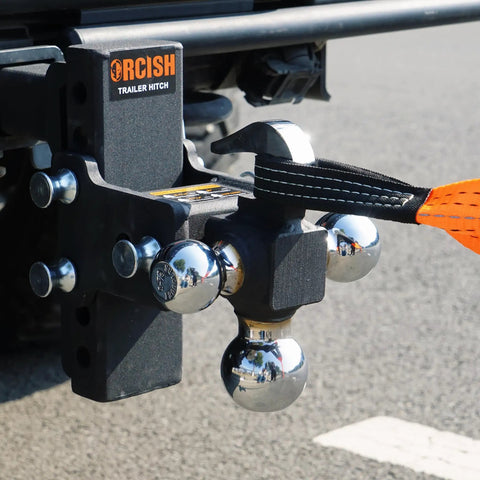 Adjustable Trailer Hitch With 360 Degree Swivel Tri Ball Mount And Tow Hook Lock, Rotating 3 In 1 Ball System For 1 7/8, 2, And 2 5/16 Inch Balls, Rated Up To 15,000 Lbs GTW And 10,000 Lbs Tow Hook on truck receiver with tow strap