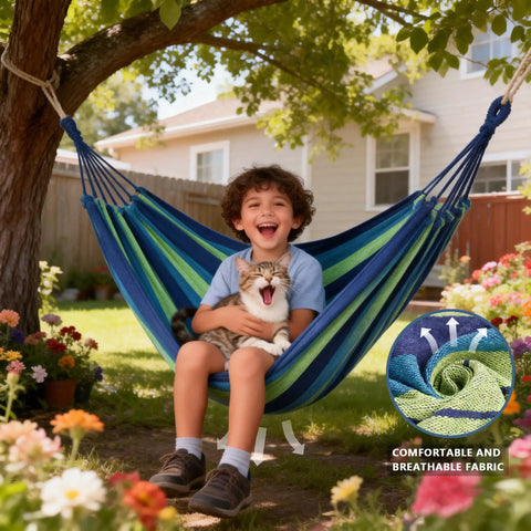 Child sitting in a blue and green canvas hammock with a cat, Canvas Hammock With Durable Comfort For Patio Yard Garden Backyard And Travel