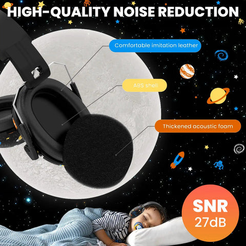 Kids Ear Protection Earmuffs With 27dB Noise Canceling For Sports Events Concerts Fireworks Air Shows And Autism Support, featuring comfortable imitation leather, ABS shell, and thickened acoustic foam, shown against a space-themed background with a sleeping child wearing the earmuffs.