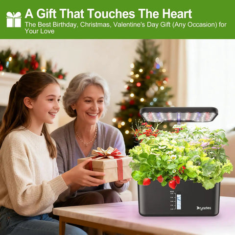Indoor Hydroponics Growing System For Herbs And Vegetables, 10 Pod Kit with LED lights on table with two women exchanging gifts